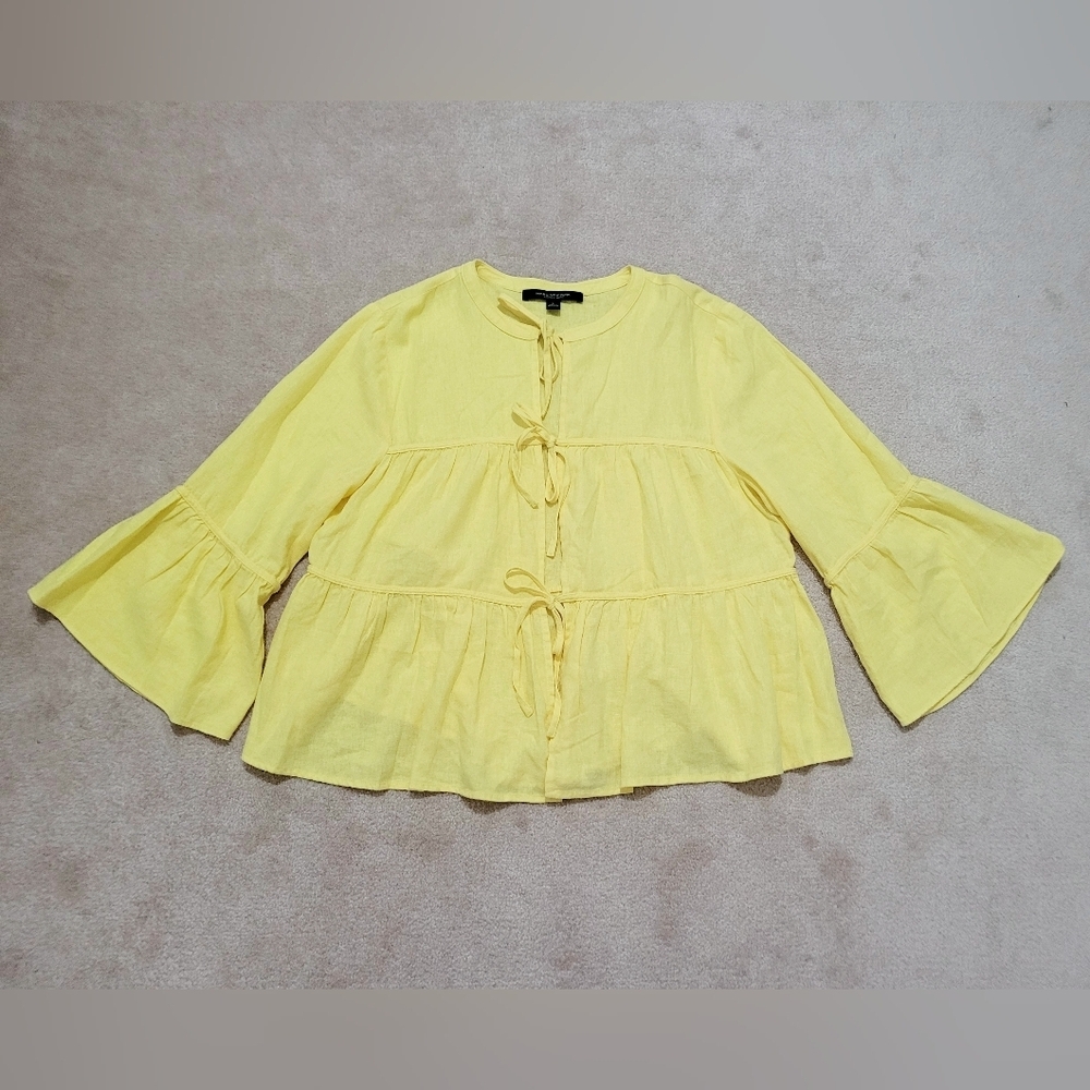 Marc New York Women’s Tie Front Linen Blend Tiered Blouse Yellow Size Large - Picture 7 of 14